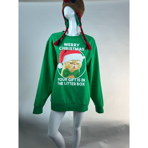 MAD Engine Ugly Christmas Holiday Cat Gift Sweatshirt Medium Green Cotton Blend - Picture 4 of 16